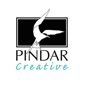 Pindar Creative logo image. Wite bird illustration on black background. Text reads: Pindar Creative