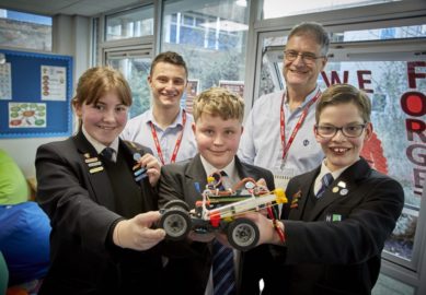 Winning team students, from left: Lola, Carter and Zander with Sewell’s Cameron Wood and Mike Cargill from UK Stem image