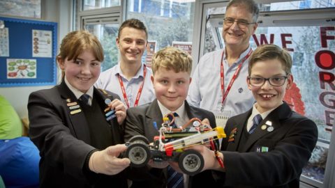Winning team students, from left: Lola, Carter and Zander with Sewell’s Cameron Wood and Mike Cargill from UK Stem image