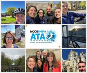 Active Travel Ambassadors collage of images - ambassadors at events and travelling sustainably