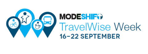 Modeshift TravelWise Week logo. Blue text on white background: Reads: 16 - 22 September