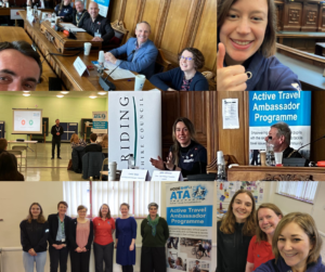 Collage of Active Travel Ambassadors at events and travelling actively image