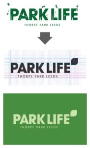 Park Life Thorpe Park Leeds logo variation - logo in green, black and white images 