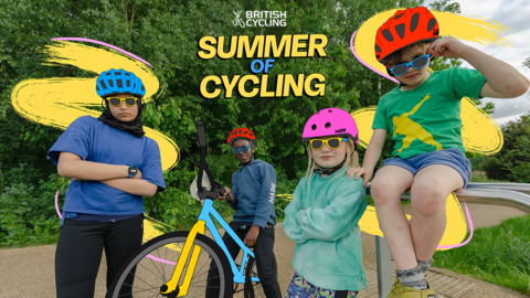 British Cycling, Summer of Cycling - image of four young children with bikes - colourful illustrated sun glases, bright helmets and bikes have been drawn on the image