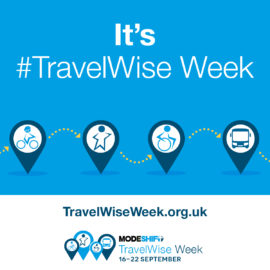 It's #TravelWise Week info graphic image. Modeshift STARS people travel by bike, walking, scooting nd wheeling. Illustration of tram. TravelWiseWeek.org.uk web address