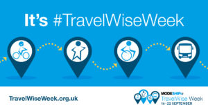 It's #TravelWise Week info graphic image. Modeshift STARS people travel by bike, walking, scooting nd wheeling. Illustration of tram.