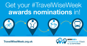 Graphic. Blue and white map markers are on a blue background. Within the markers are Modeshift STARS illustrated people, cycling, walking, wheeling and using public transport. Text reads 'Get your #TravelWiseWeek Awards nominations in! TravelWiseWeek.org.uk