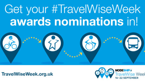Graphic. Blue and white map markers are on a blue background. Within the markers are Modeshift STARS illustrated people, cycling, walking, wheeling and using public transport. Text reads 'Get your #TravelWiseWeek Awards nominatiions in! TravelWiseWeek.org.uk