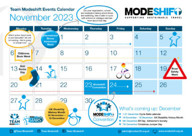 Modeshift November Calendar image. Blue grid on a whiote background with the days onf the month 1 to 30 Nobember 2023. Includes key dates such as the Modeshift Convention 23 - 24 November, International Stress Awareness Week 30 October - 3 November, Children's Book Week 6 - 12 November, Odd Socks Day6 13 November and Road Safety Week 19 - 25 November.