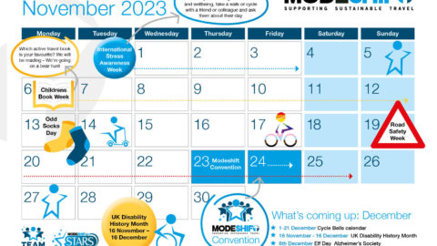 Modeshift November Calendar image. Blue grid on a whiote background with the days onf the month 1 to 30 Nobember 2023. Includes key dates such as the Modeshift Convention 23 - 24 November, International Stress Awareness Week 30 October - 3 November, Children's Book Week 6 - 12 November, Odd Socks Day6 13 November and Road Safety Week 19 - 25 November.