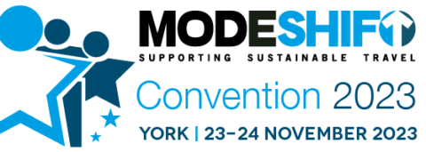 Modeshift Convention logo image. Three blue STARS shaped people on a white background. Text Reads: Modeshift Convention 2023, York 23 - 24 November 2023.