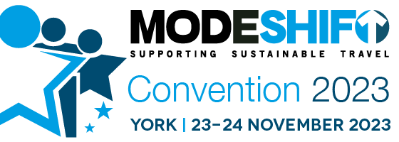Modeshift Convention logo image. Three blue STARS shaped people on a white background. Text Reads: Modeshift Convention 2023, York 23 - 24 November 2023.