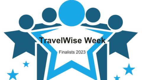 Five blue star shaped people on a white background. Reads: 'TravelWise Week Awards Finalists 2023'