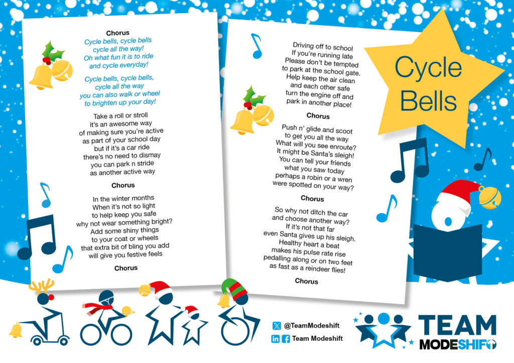 Illustration of 'Cycle Bells' song lyrics on white paper song sheets, a gold star in the top corner with text: 'Cycle Bells', The song sheets are surrounded by star shaped people in festive hats, scarves and scycling, walking and wheeling. Team Modeshift logo in the bottom right corner.