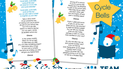 Illustration of 'Cycle Bells' song lyrics on white paper song sheets, a gold star in the top corner with text: 'Cycle Bells', The song sheets are surrounded by star shaped people in festive hats, scarves and scycling, walking and wheeling. Team Modeshift logo in the bottom right corner.