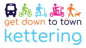 Logo image. orange, black and blue text on white background reads: get down to town kettering. illustration of bus, cyclist, someone using a scooter, mobility scooter and dog walker appear along the top of the text.
