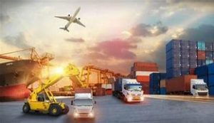 Illustrated image with airplane in the sky, flying over a large ship, a crane can be seen on the skyline, vehicles operate in the foreground, including, large cargo lorries, fork lift truck, large shipping containers are stacked in the background.