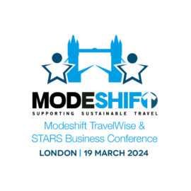 Blue London Bridge image on white background. Stars people either side. Text reads: ' Modeshift TravelWise & STARS Business Conference London 19 March 2024'