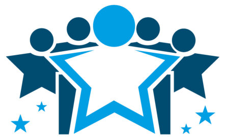 Blue star shaped people on white background stand in a row