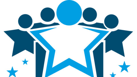 Blue star shaped people on white background stand in a row