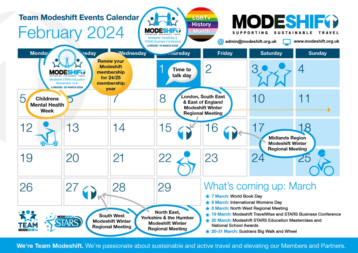 Team Modeshift February Calendar image. Grid of dates, circled with blue. Tect Reads: February 2024. Modeshift logo in top right cornet.