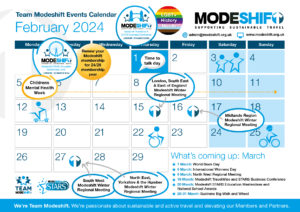 Team Modeshift February Calendar image. Grid of dates, circled with blue. Tect Reads: February 2024. Modeshift logo in top right cornet.