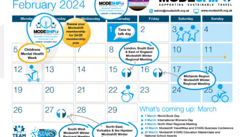 Team Modeshift February Calendar image. Grid of dates, circled with blue. Tect Reads: February 2024. Modeshift logo in top right cornet.