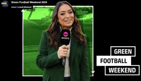 Woman wearing green jacket holds microphone, football pitch in background. Text reads: Green Football Weekend.