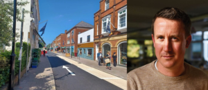 On the left - Exeter street Scene and the right, head and shoulders of Will Pratt smiling at camera.