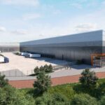 Illustration of industrial unit with lorries in a loading bay. Surrounded by trees and shurbs.