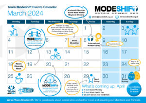 Modeshift March Calendar - illustration of calendar with dates circled. Modeshift logo image.