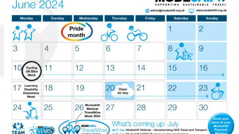 Thumbnail of Modeshift events calendar. Month view of June with dates circled. Illustrated star shaped people and Modeshift logo.