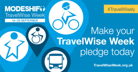 White text on blue background reads: Make your TravelWise Week pledge today. Modeshift TravelWise Week logo. Illustrations of star shaped people travelling actively, walking, cycling and using wheelchair.