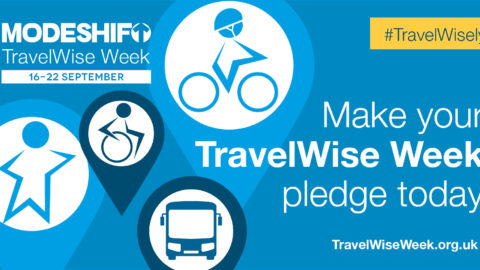 White text on blue background reads: Make your TravelWise Week pledge today. Modeshift TravelWise Week logo. Illustrations of star shaped people travelling actively, walking, cycling and using wheelchair.