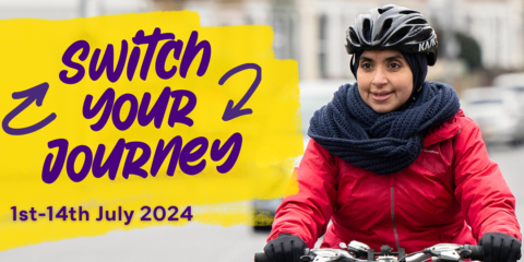 Purple text on yellow background reads: Switch your journey. Image of person wearing read coat and cycling helmet.