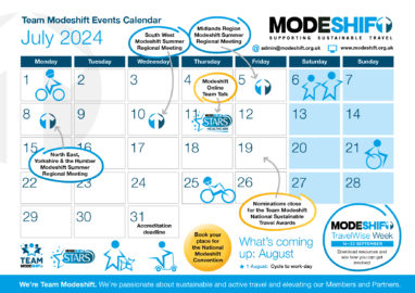 Thumbnail of Modeshift events calendar. Month view of July with dates circled. Illustrated star shaped people and Modeshift logo.