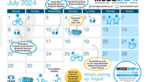 Thumbnail of Modeshift events calendar. Month view of July with dates circled. Illustrated star shaped people and Modeshift logo.