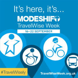 White text on blue background reads: It's here its Modeshift Travel Wise Week. Illustrated star shaped people travel actively. Walking, wheeling and riding bike.