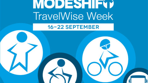 White text on blue background reads: It's here its Modeshift Travel Wise Week. Illustrated star shaped people travel actively. Walking, wheeling and riding bike.