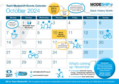 Calendar illustration. Blue grid lines with dates circled. Modeshift logo