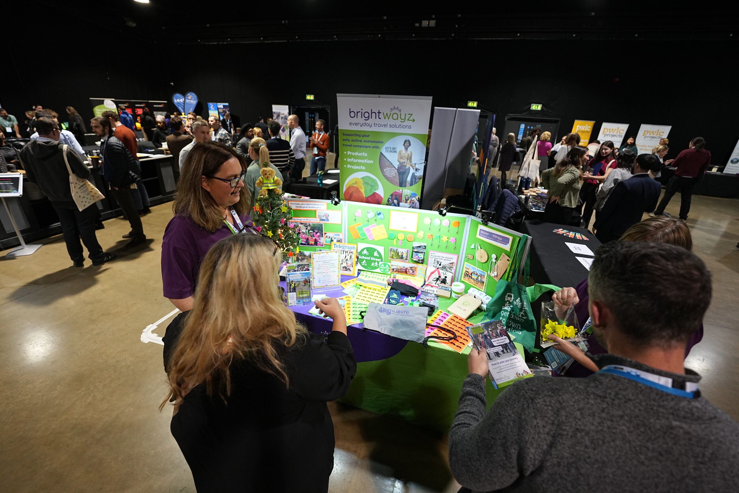 A busy exhibition hall. People looking at display stands and chatting. In the foreground two woman look at brightly coloured leaflets with 'Brightwayz' logo on.