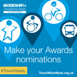 White text on blue background reads: Make your Awards nominations. Modeshift logo and illustrations of star shaped people travelling actively - on a bike, walking, wheeling and illustration of a bus.