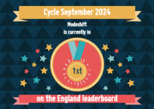 Illustration of 1st place medal. Text reads: Cycle September 2024. Modeshift is currently in 1st place on the England leaderboard.