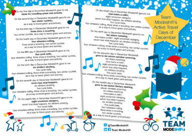 Illustration of a song sheet with the words to the Modeshift Active Days of Christmas. Illustration of a white star shaped person wearing red santa hat holding book in the bottom right corner.