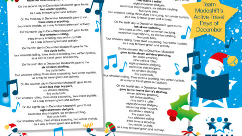 Illustration of a song sheet with the words to the Modeshift Active Days of Christmas. Illustration of a white star shaped person wearing red santa hat holding book in the bottom right corner.