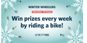 Text reads: Winter Wheelers. 1 December 31 January. Win prizes every week by riding a bike!