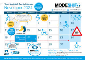 Illustration of a month view calendar. Blue grid lines with dates circled. Star shaped people illustrations interject. Modeshift logo top right corner.