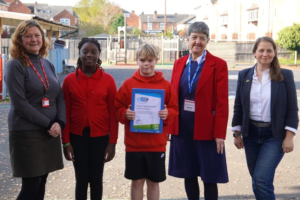 Pictured are (left to right) Louise Norris, Headteacher at St George’s CofE Primary School; Lois Asamoah; Charlie Warburton; Councillor Lynn Denham, Worcester City Council Leader; Worcester City Council’s Arboretum Ward Councillor, Hannah Cooper. Credit: Worcester City Council. 