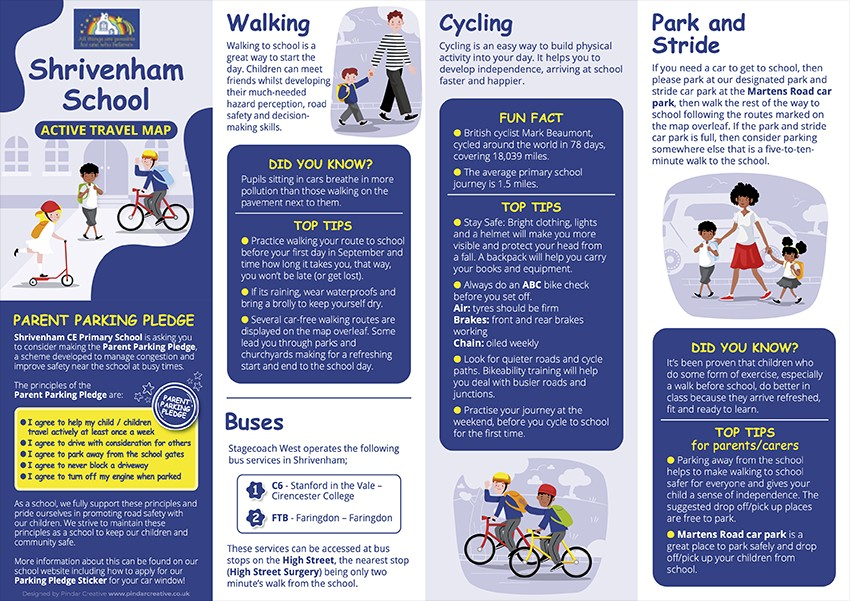 A colorful brochure for Shiveham School showcasing its active travel programs, facilities, and community engagement opportunities.