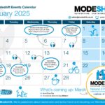A digital events calendar for Team Modeshift in February 2025, featuring key dates for sustainable travel events. The calendar highlights LGBT+ History Month and includes various Modeshift Member Winter Regional Meetings across different regions in the UK. Notable events include "Time to Talk Day" on February 6, encouraging conversations while walking. The calendar also previews upcoming March events such as World Book Day (March 7), International Women’s Day (March 8), and Neurodiversity Celebration Week (March 17-23). The Modeshift National STARS Summit is scheduled for March 27, 2025, in London. The layout includes icons for walking, cycling, and sustainable travel, along with the Modeshift and Team Modeshift logos.